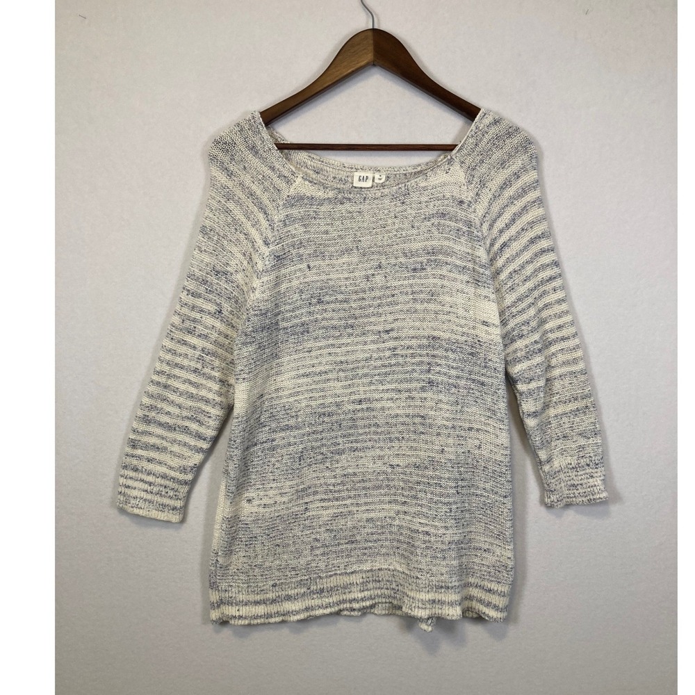 Gap‎ Marled Knit Sweater Womens Medium Blue Cream 3/4 Sleeve Boat Neck Raglan